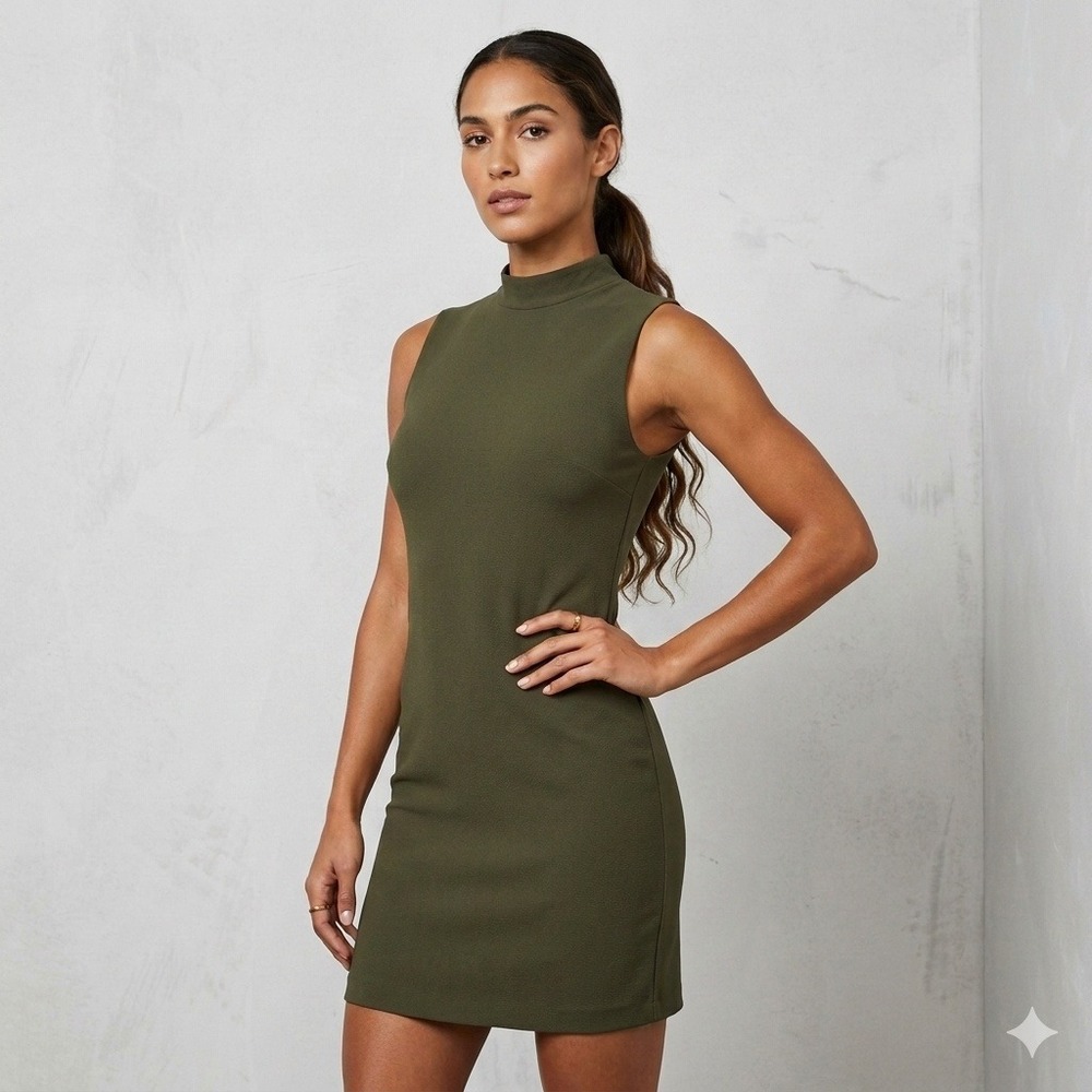 NWT Zara Scuba Sheath Dress Mock Neck Sleeveless Raw Seam Olive Green Small